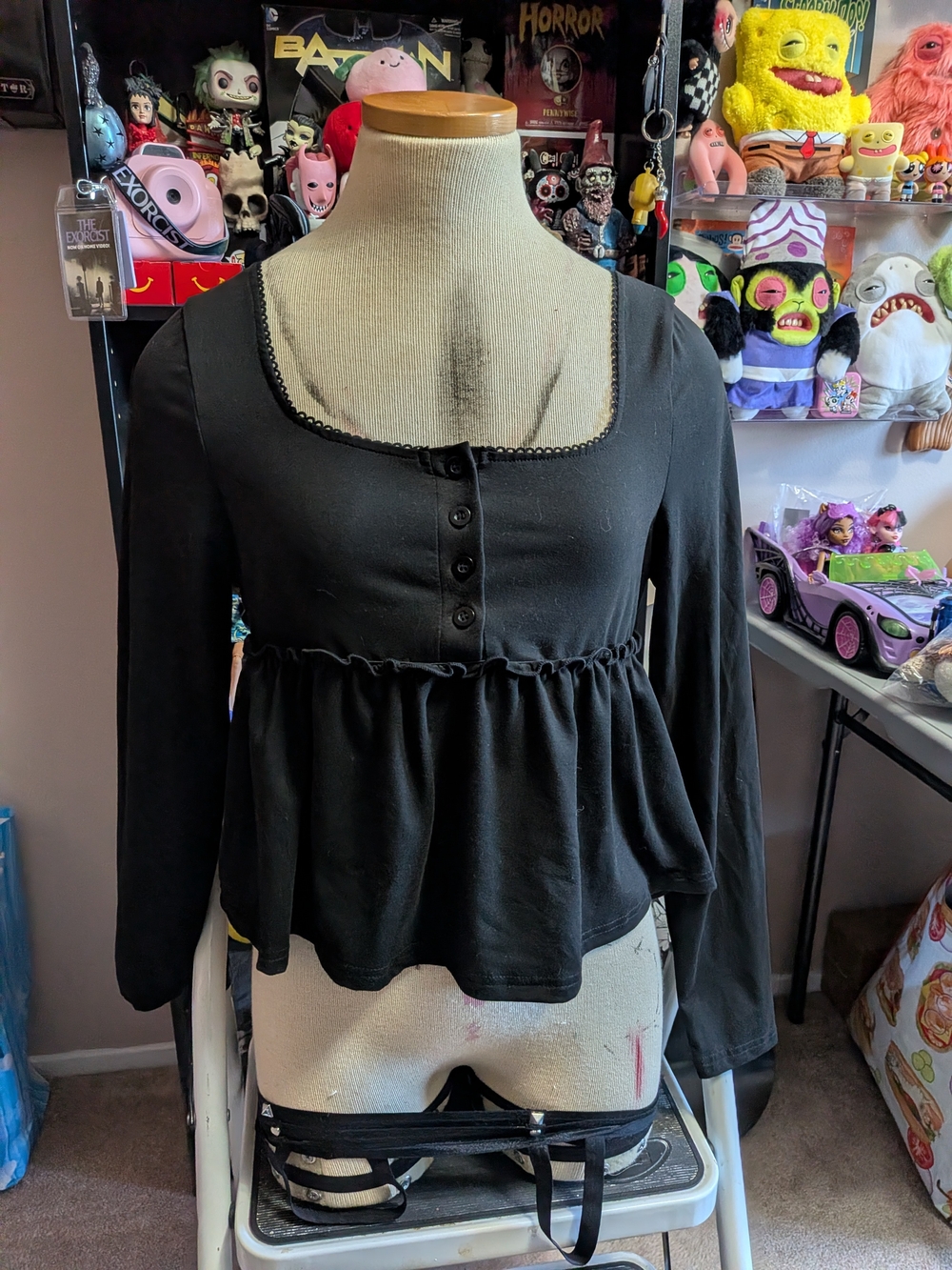 Black Long-Sleeve Square Neck Peplum Top